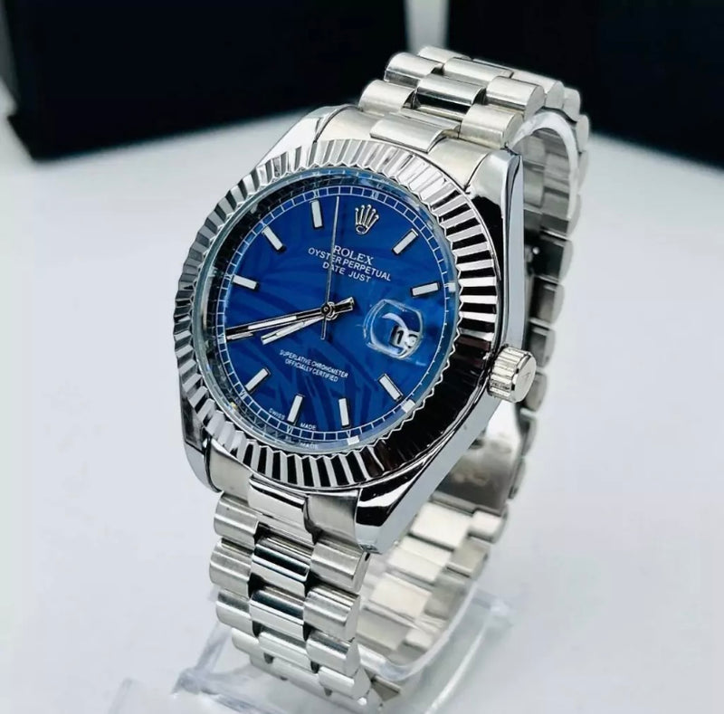 PRO - Primeira Linha Date Just - prata e azul fundo desenhado - Pulseira de aço - À PROVA D'ÁGUA - cod50