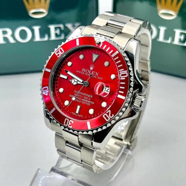 1ª Linha Submariner pequeno - vermelho com prata - Pulseira de aço - À PROVA D'ÁGUA - cod65