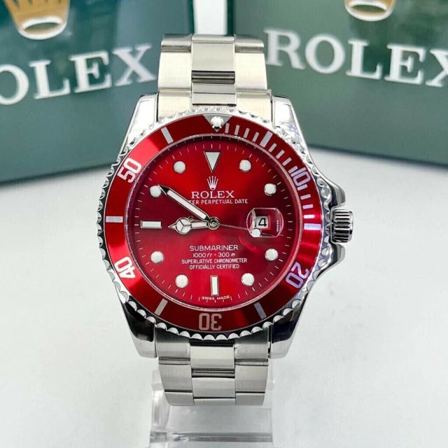 1ª Linha Submariner pequeno - vermelho com prata - Pulseira de aço - À PROVA D'ÁGUA - cod65