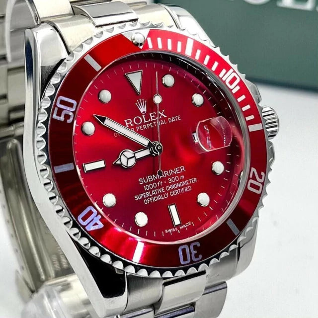 1ª Linha Submariner pequeno - vermelho com prata - Pulseira de aço - À PROVA D'ÁGUA - cod65