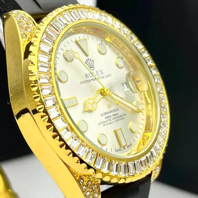 1ª Linha Submariner Cravejado com pedras de zircônia - dourado, preto, prata e branco - Pulseira de borracha - À PROVA D'ÁGUA- Cod65