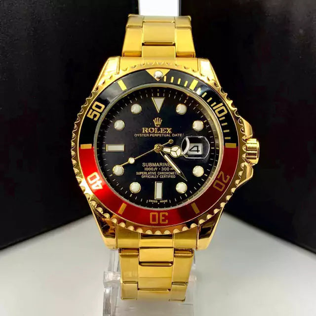 1ª Linha Submariner pequeno - dourado, vermelho e preto - Pulseira de aço - À PROVA D'ÁGUA - cod50