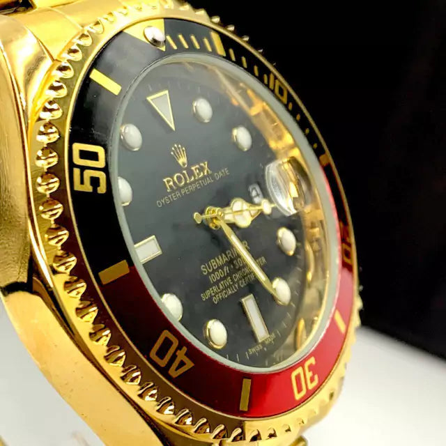 1ª Linha Submariner pequeno - dourado, vermelho e preto - Pulseira de aço - À PROVA D'ÁGUA - cod50