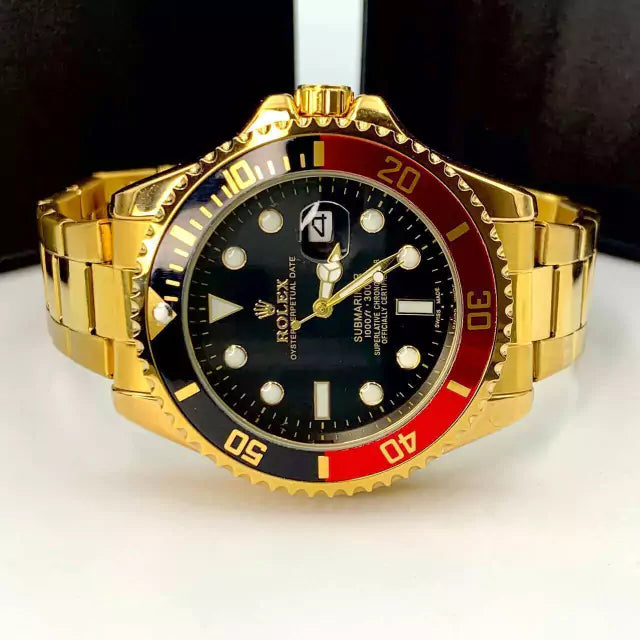 1ª Linha Submariner pequeno - dourado, vermelho e preto - Pulseira de aço - À PROVA D'ÁGUA - cod50