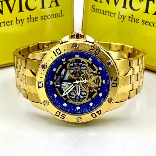 1ª Linha Subaqua Skeleton - azul e dourado- Pulseira de aço - À PROVA D'ÁGUA - cod80