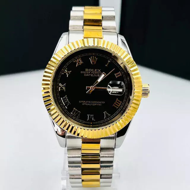 Primeira Linha Date Just Números Romanos - misto prata e dourado e preto - Pulseira de aço - À PROVA D'ÁGUA - cod65