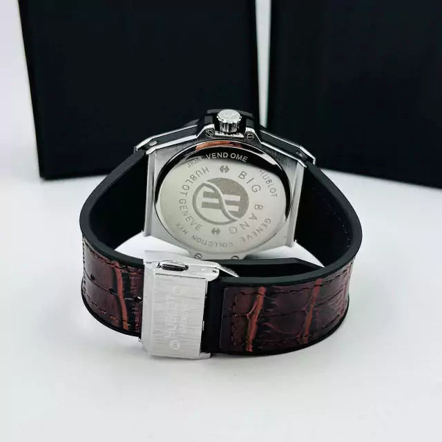 Primeira linha Geneve - preto, prata e marrom - Pulseira de couro - À PROVA D'ÁGUA - cod50