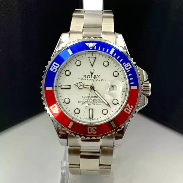 1ª Linha Submariner Pequeno - prata, vermelho, azul e branco - Pulseira de aço - À PROVA D'ÁGUA - cod65