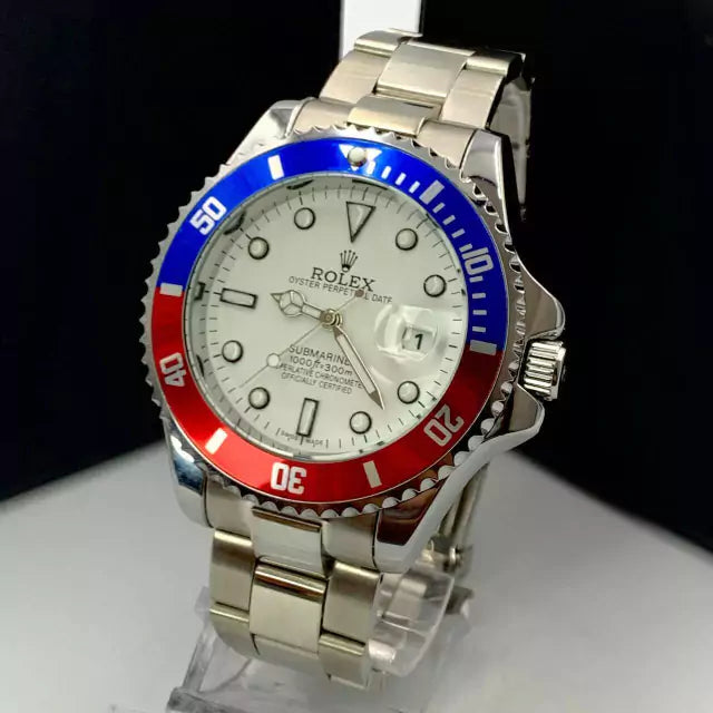 1ª Linha Submariner Pequeno - prata, vermelho, azul e branco - Pulseira de aço - À PROVA D'ÁGUA - cod65