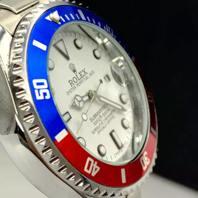 1ª Linha Submariner Pequeno - prata, vermelho, azul e branco - Pulseira de aço - À PROVA D'ÁGUA - cod65