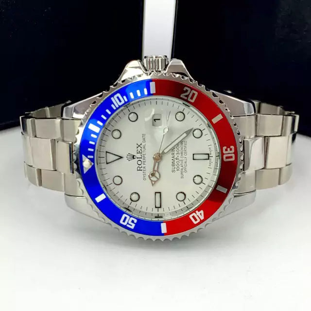 1ª Linha Submariner Pequeno - prata, vermelho, azul e branco - Pulseira de aço - À PROVA D'ÁGUA - cod65